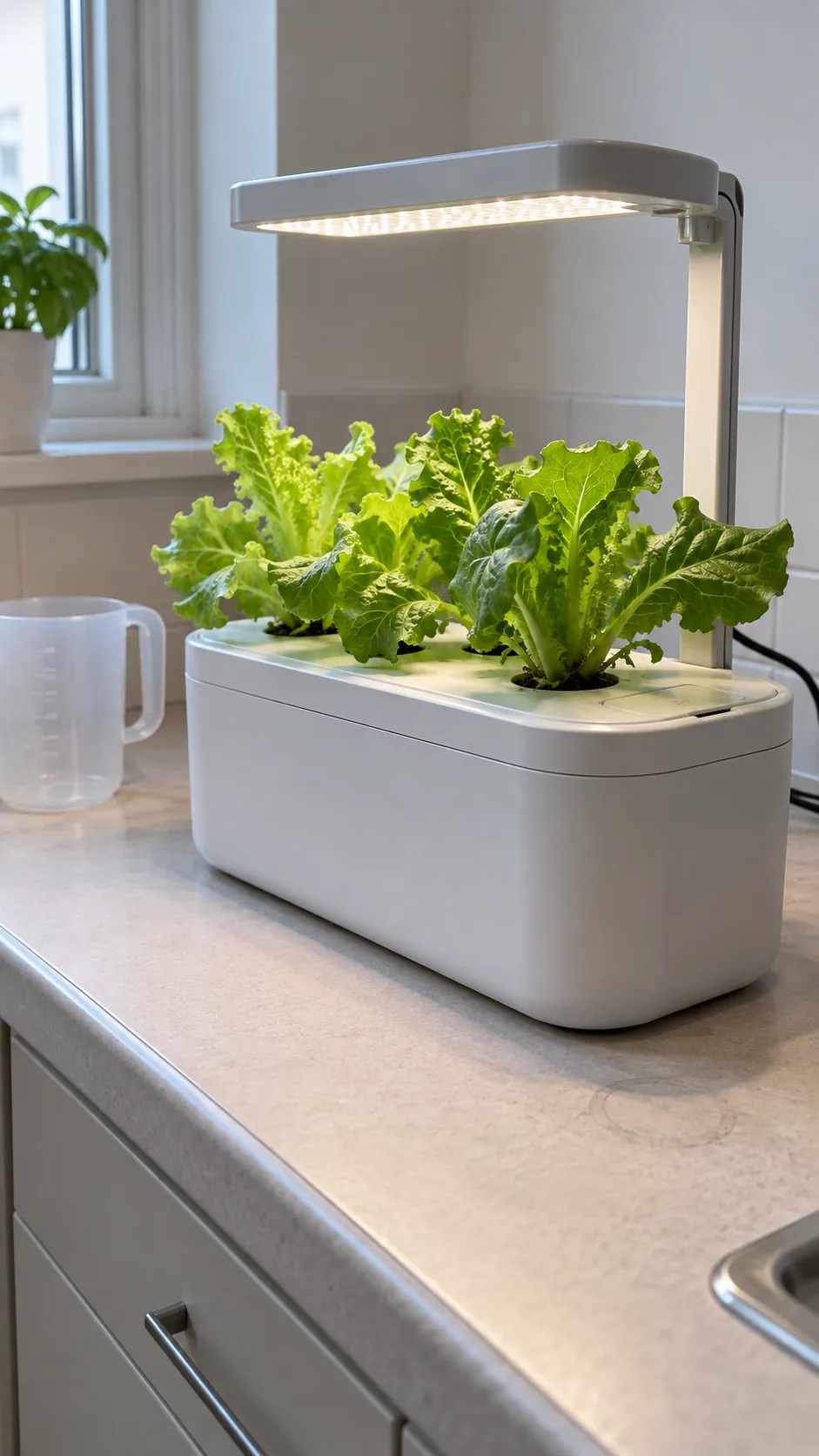 A compact single crop hydroponic unit on a plain utility counter