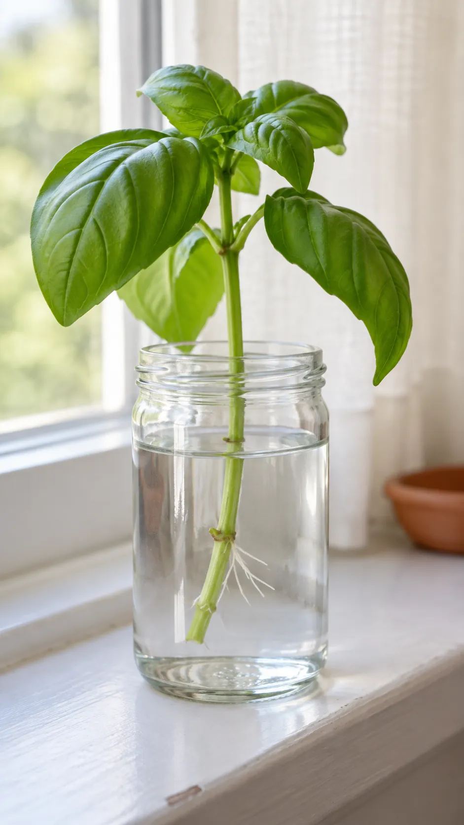 A single basil cutting above clear water in a small cylindrical jar