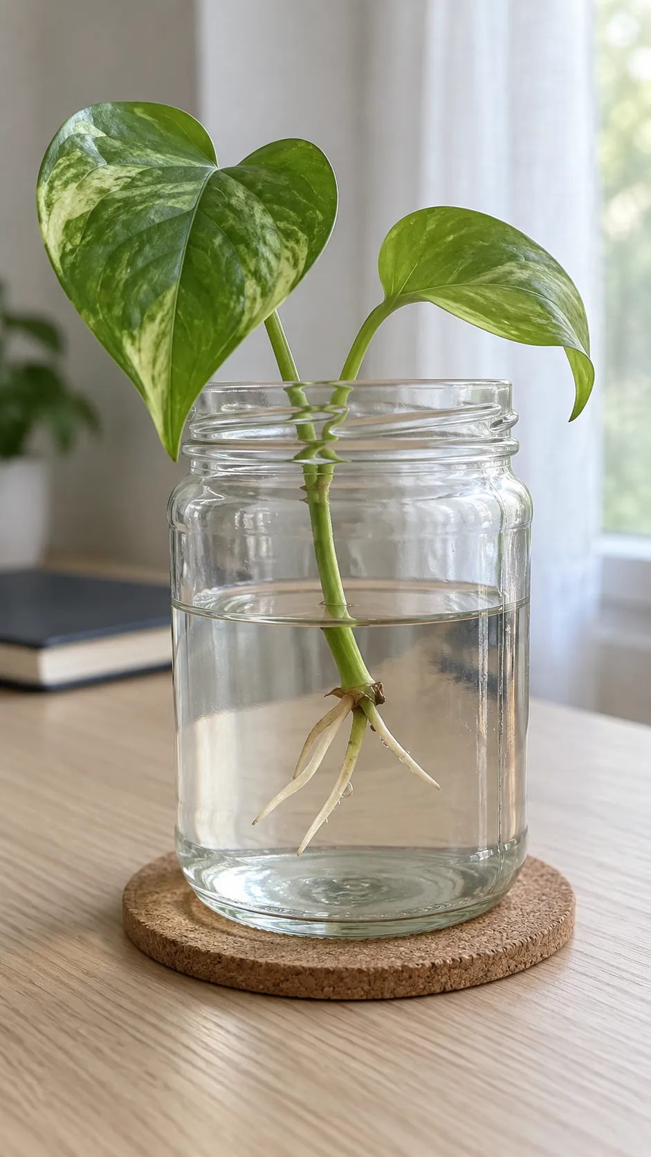 A pothos cutting with a submerged node and visible young roots