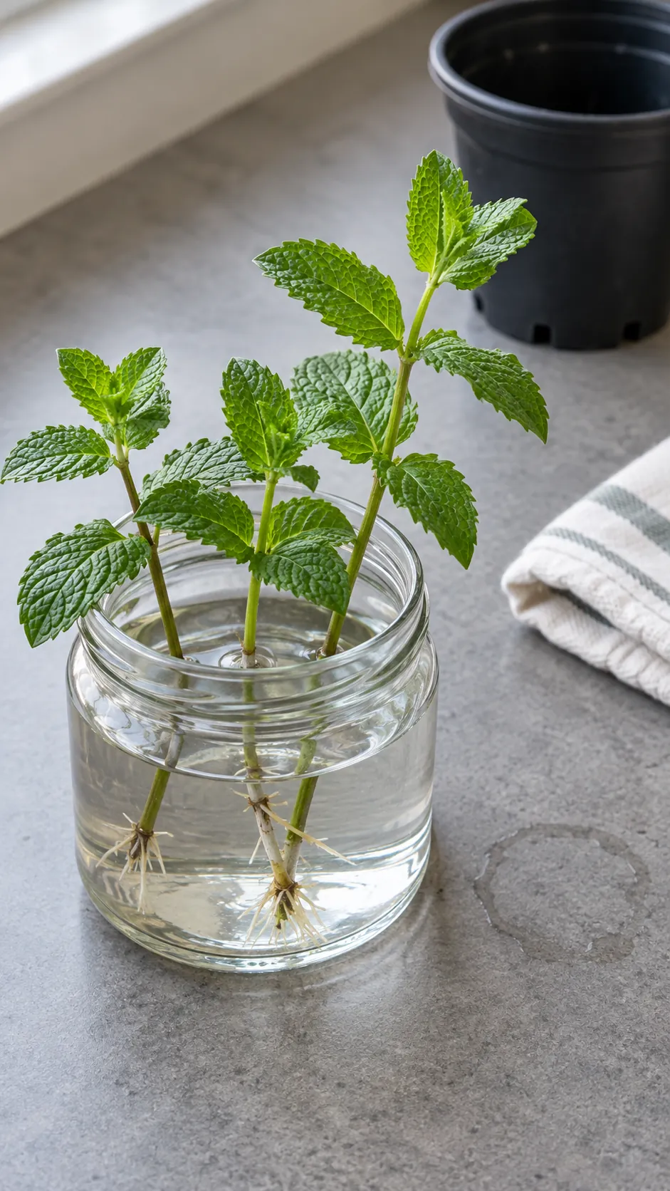 Mint stems rooting in a short kitchen jar