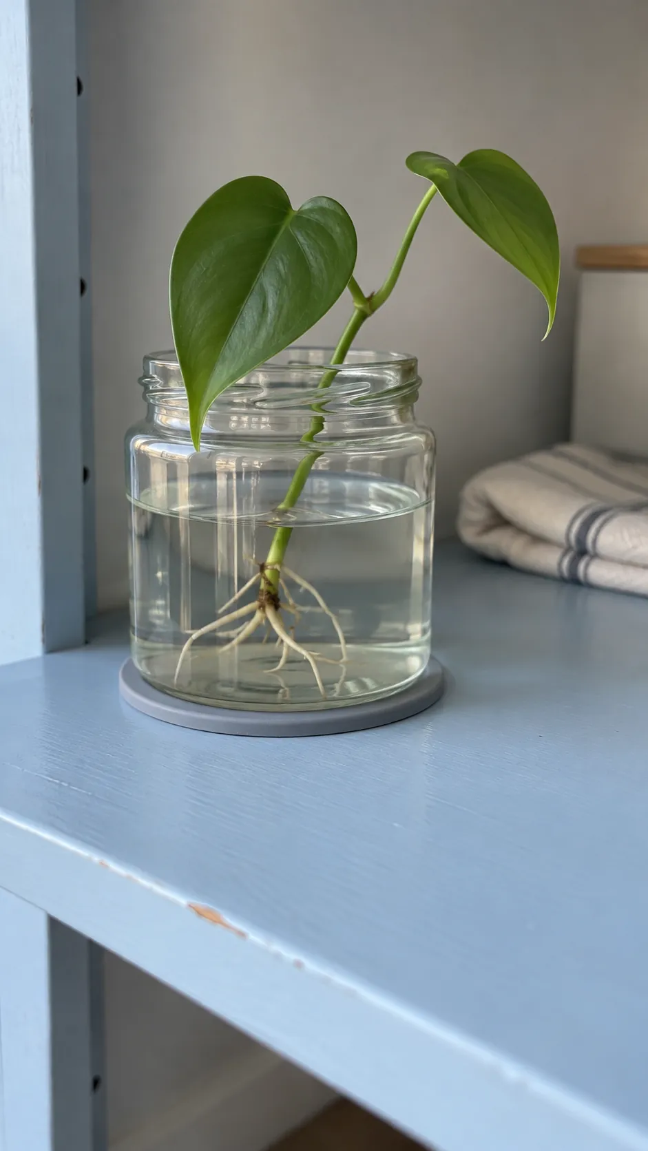 A heartleaf philodendron cutting in an easily accessible wide jar