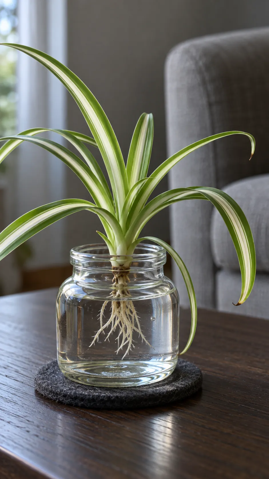 A spider plant offset supported above a small water jar