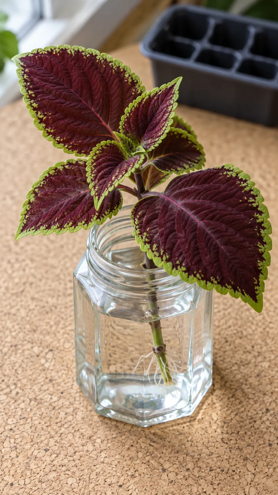 A burgundy coleus cutting rooting in a faceted glass jar
