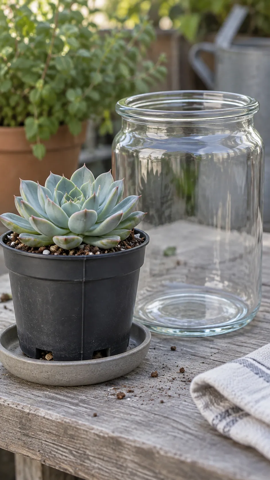 A succulent in a draining nursery pot beside its empty glass outer jar