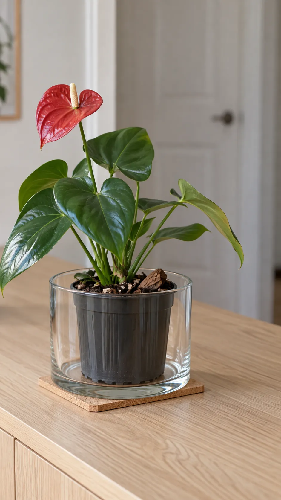 A small anthurium displayed with a removable draining inner pot