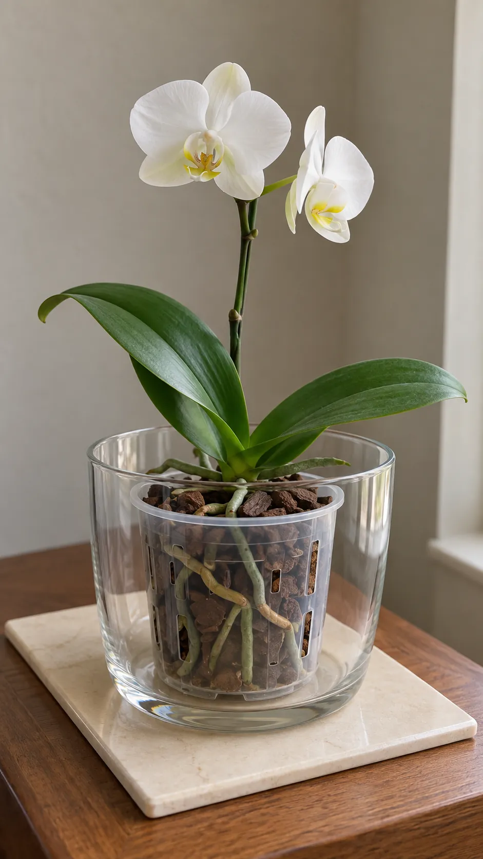 A small orchid in a ventilated inner pot inside roomy open glass