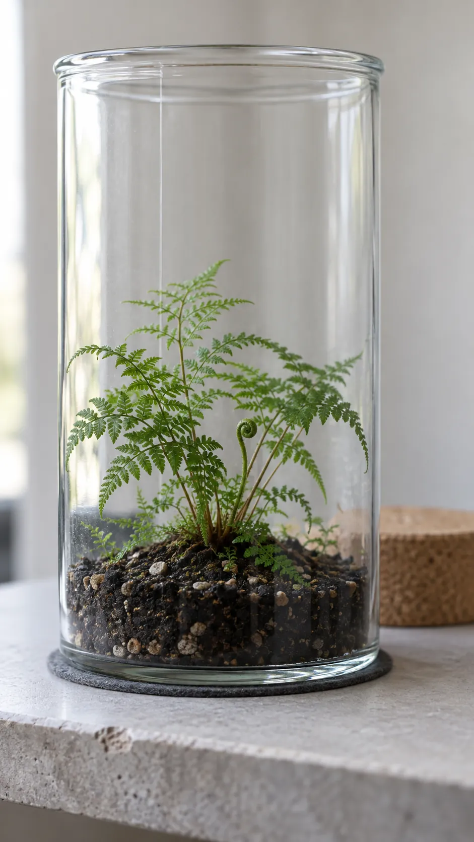 A miniature fern with growing room in a tall wide mouth terrarium
