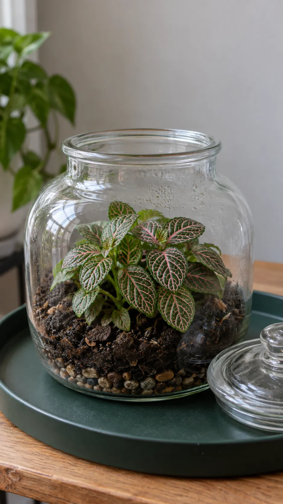 A small fittonia growing in an openable humid terrarium jar