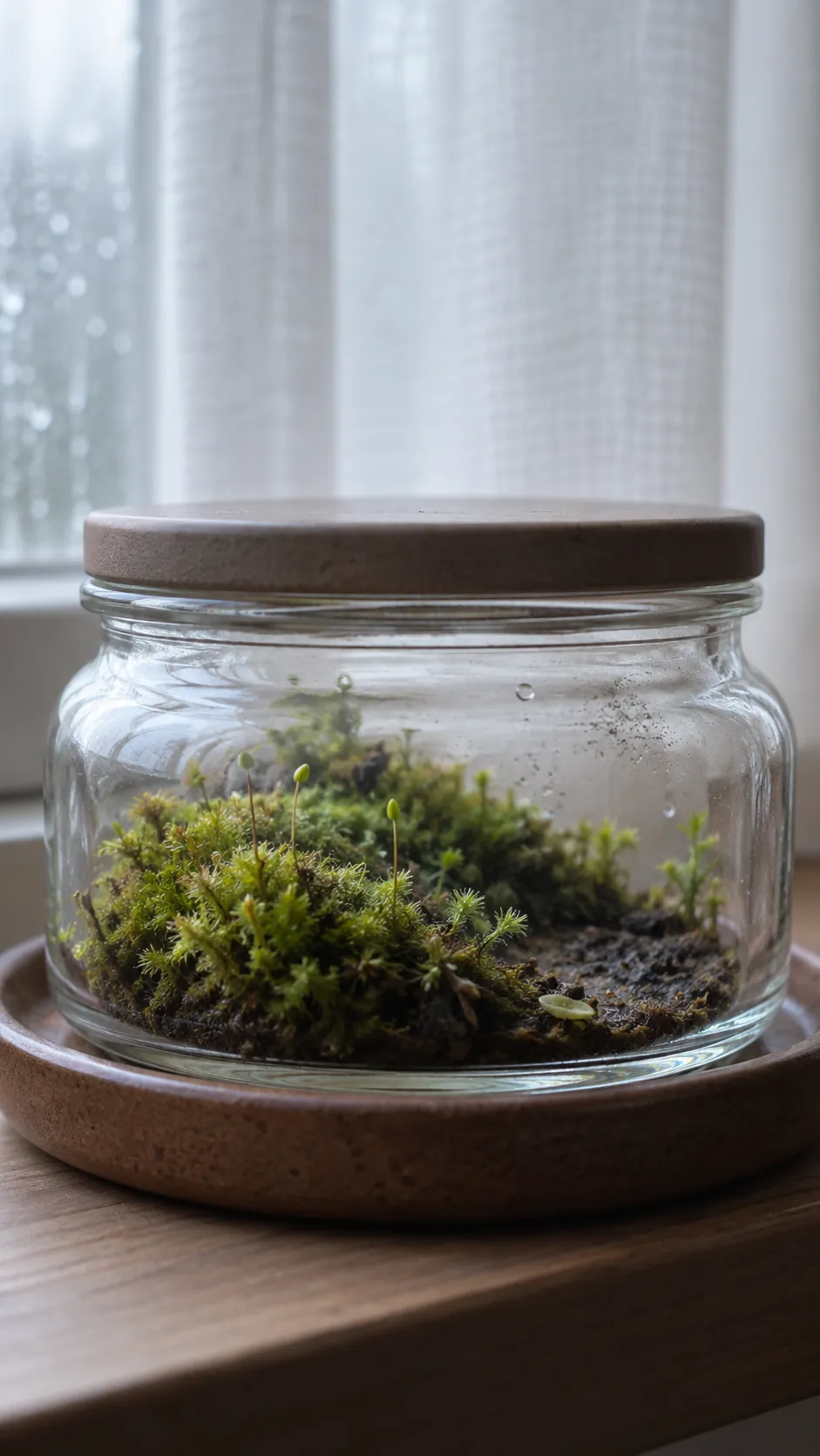 A simple moss patch inside a squat glass observation jar