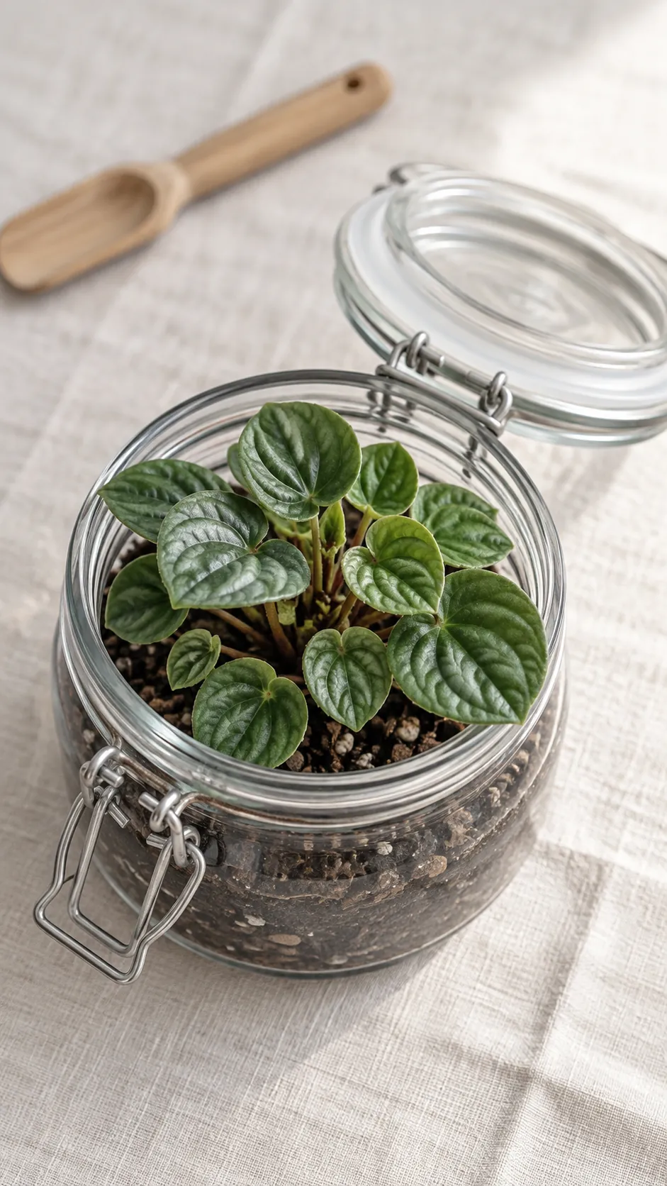 A compact peperomia with an exposed crown in an accessible glass jar