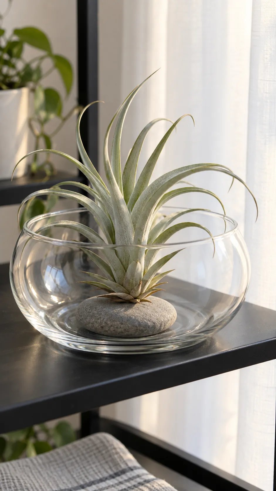An air plant in a wide open dry glass display
