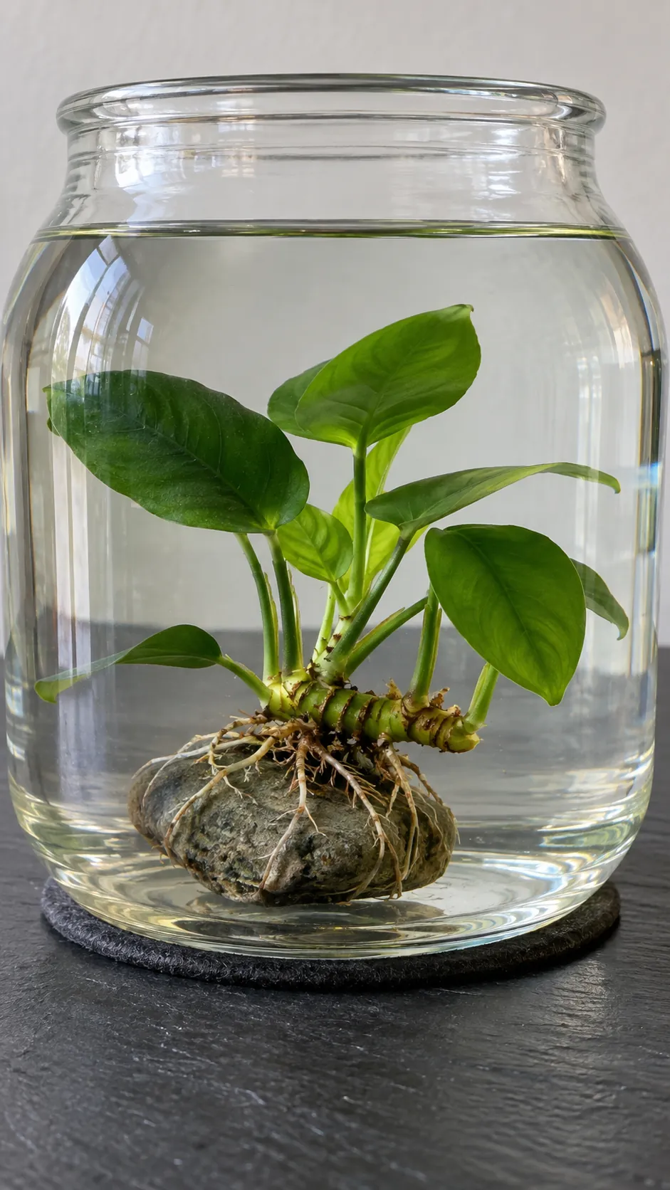 Anubias attached to a small stone with its rhizome above the substrate