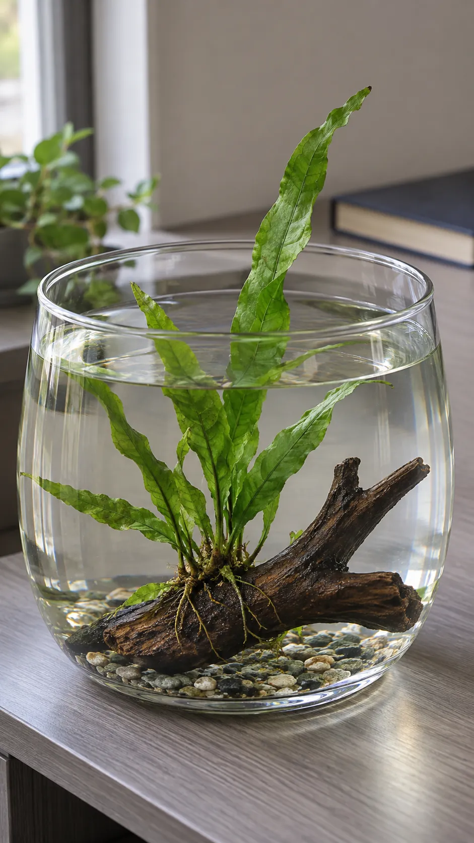Java fern growing on a small piece of aquarium wood in open glass