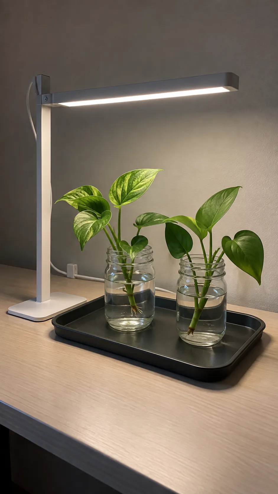 A small jar garden beneath a safely spaced white grow light