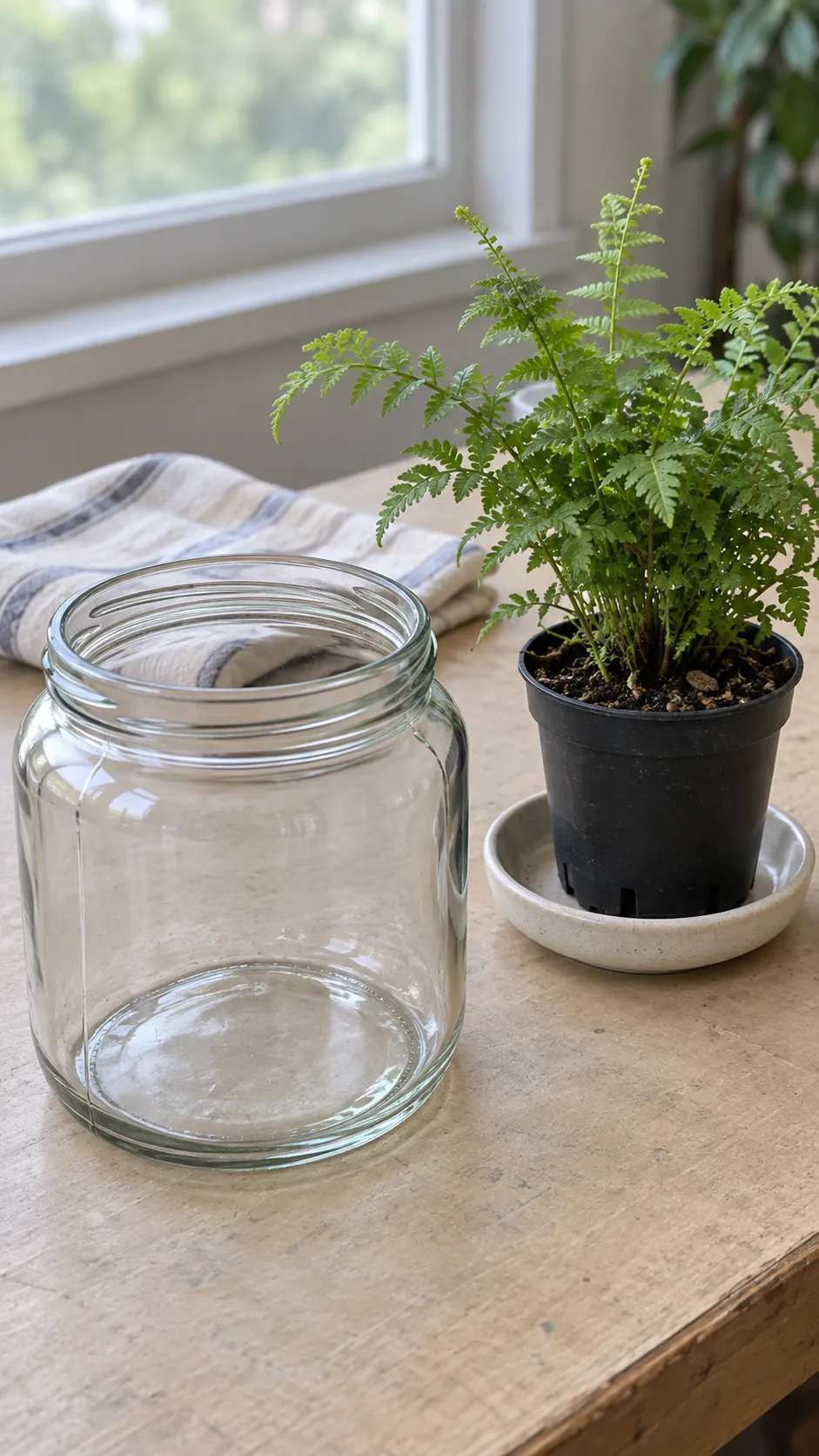 An open wide jar and a small removable plant pot beside a cleaning cloth