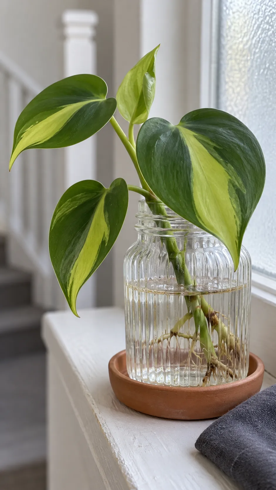 Philodendron Brasil leaves showing lime stripes near a bright landing