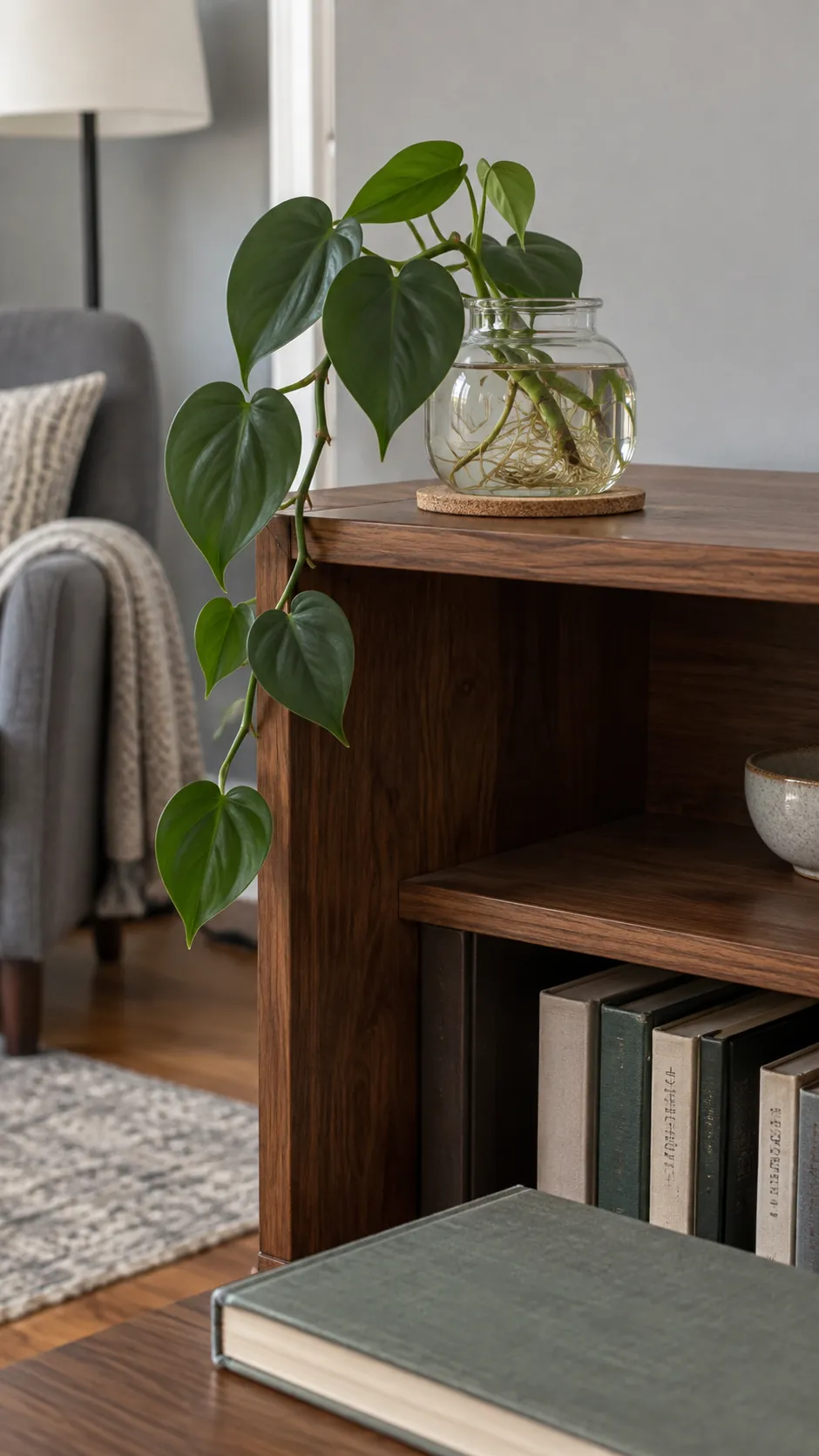 A heartleaf philodendron trailing from a reachable shelf