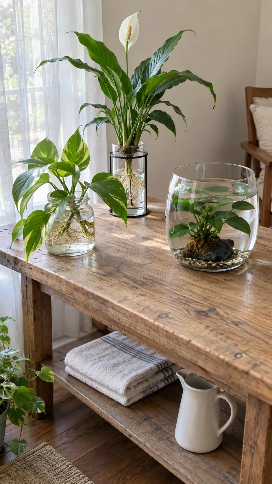 Indoor water growing setups with accessible containers and healthy foliage
