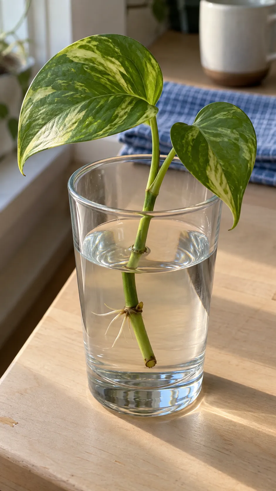 A pothos node visible through a simple water tumbler
