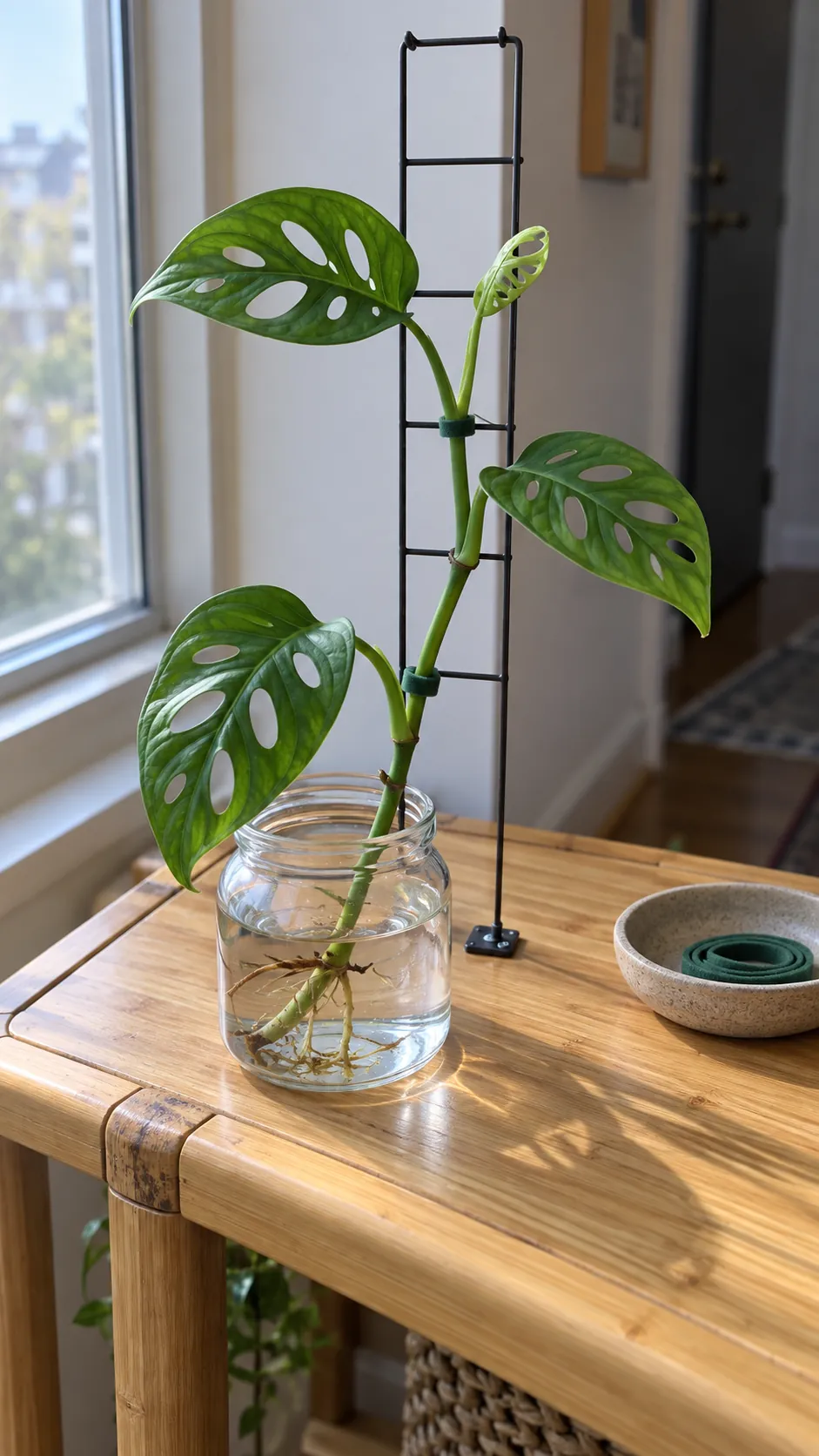 Monstera adansonii climbing beside a compact water vessel