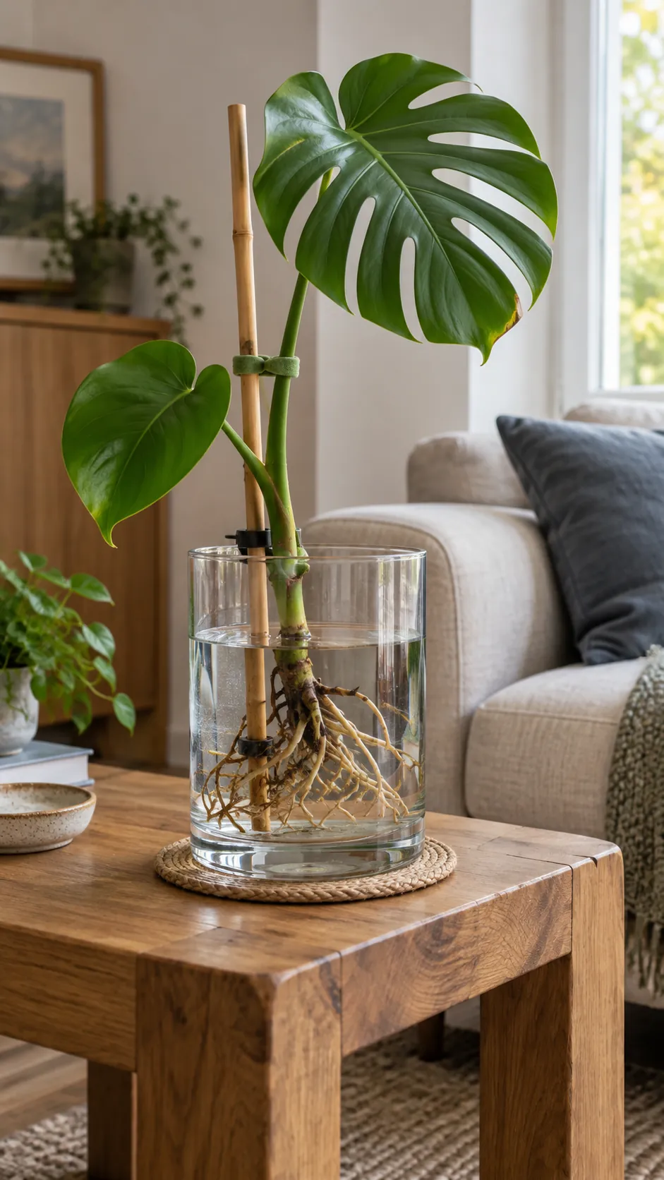 A supported Monstera deliciosa stem in a broad heavy vase