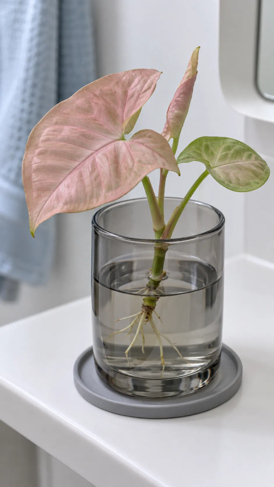 Pink syngonium establishing a small root system