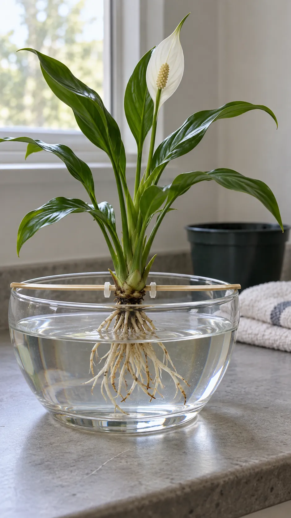 A small peace lily held with its crown above water
