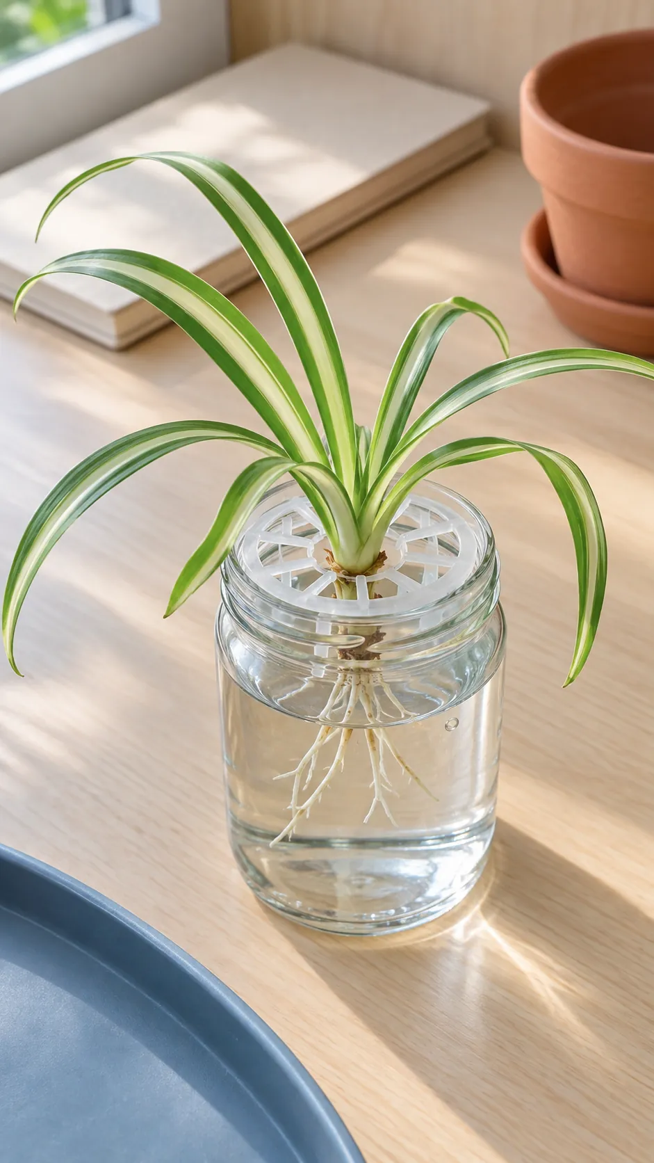 A spider plant offset resting securely above a jar