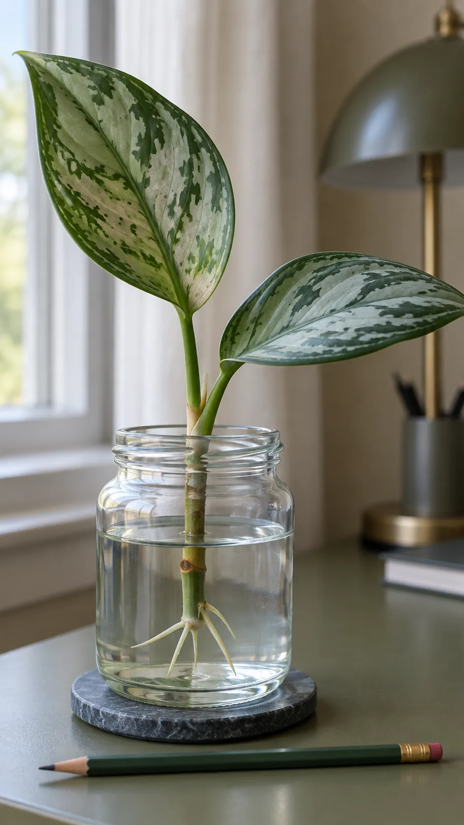 Chinese evergreen stem cutting with patterned leaves