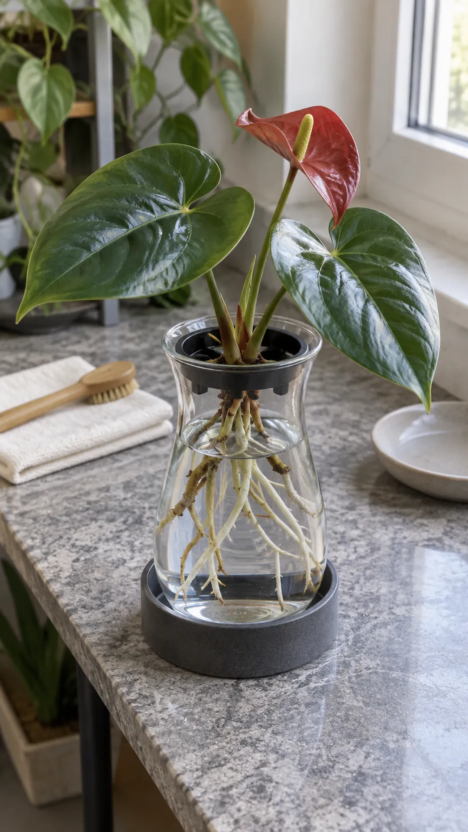 An anthurium in a supported monitored water setup