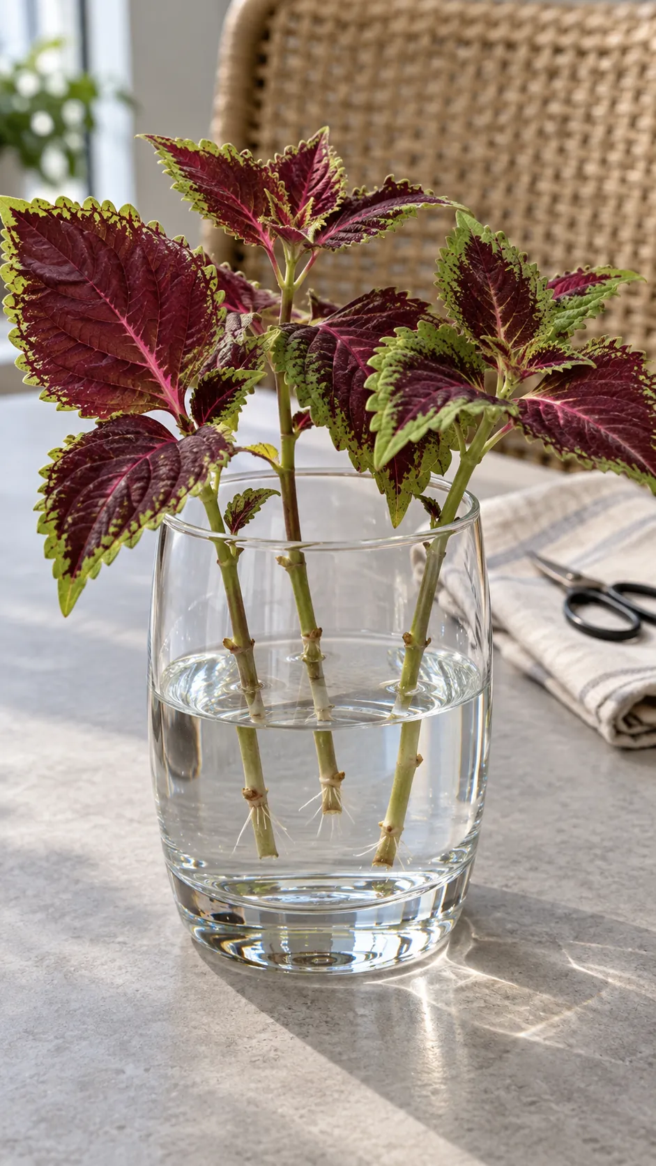 Burgundy coleus cuttings as a temporary tabletop display