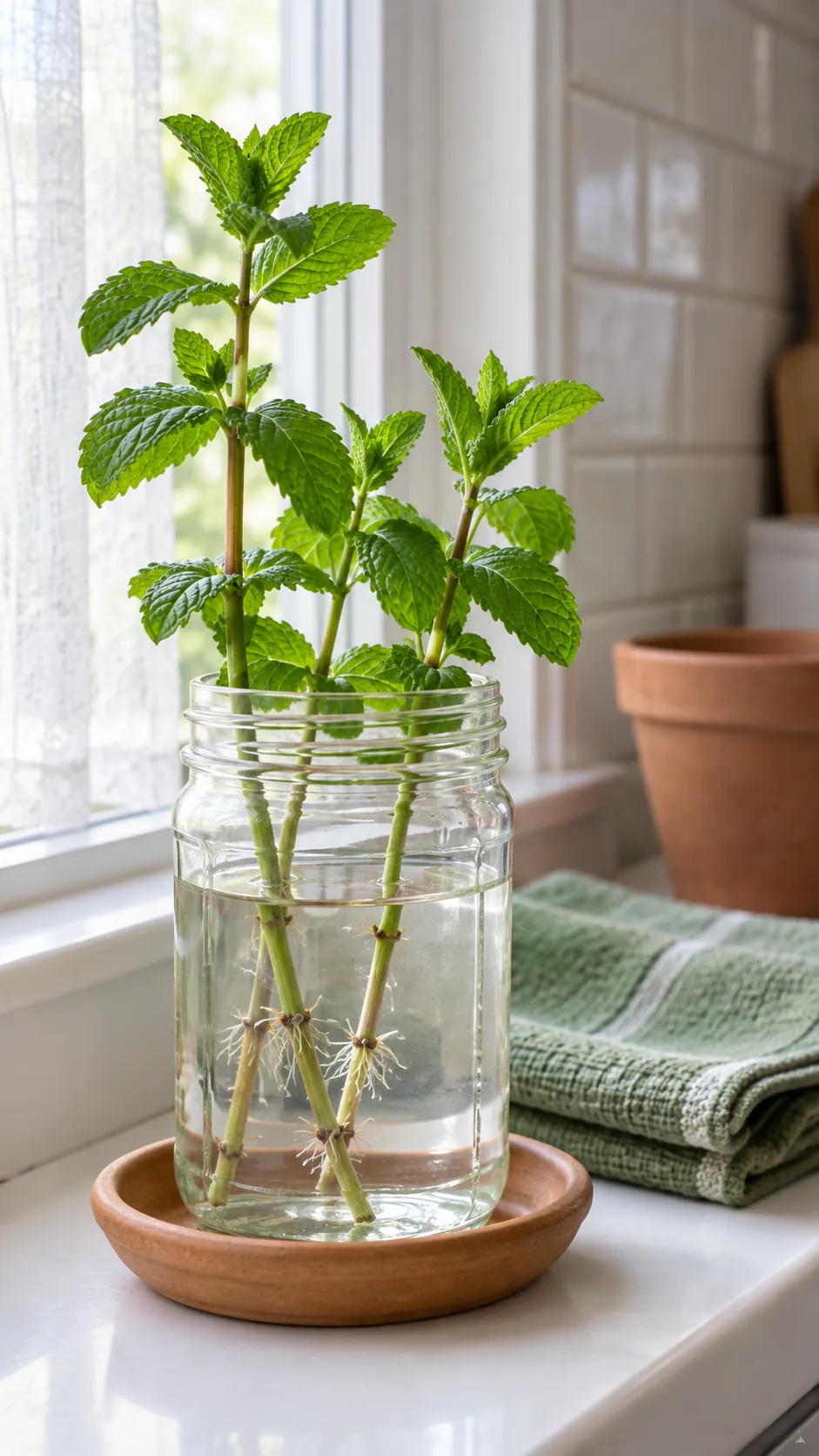 Mint cuttings rooting on a bright kitchen sill