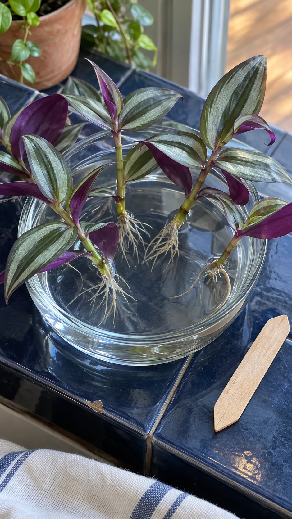Short tradescantia stems in a low broad water dish