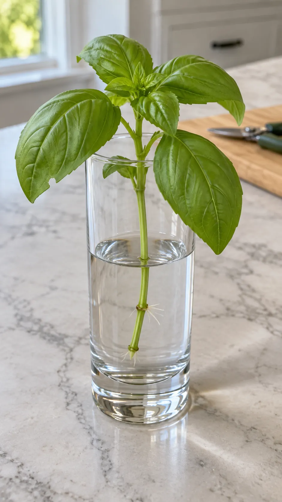 A nonflowering basil tip beginning to root