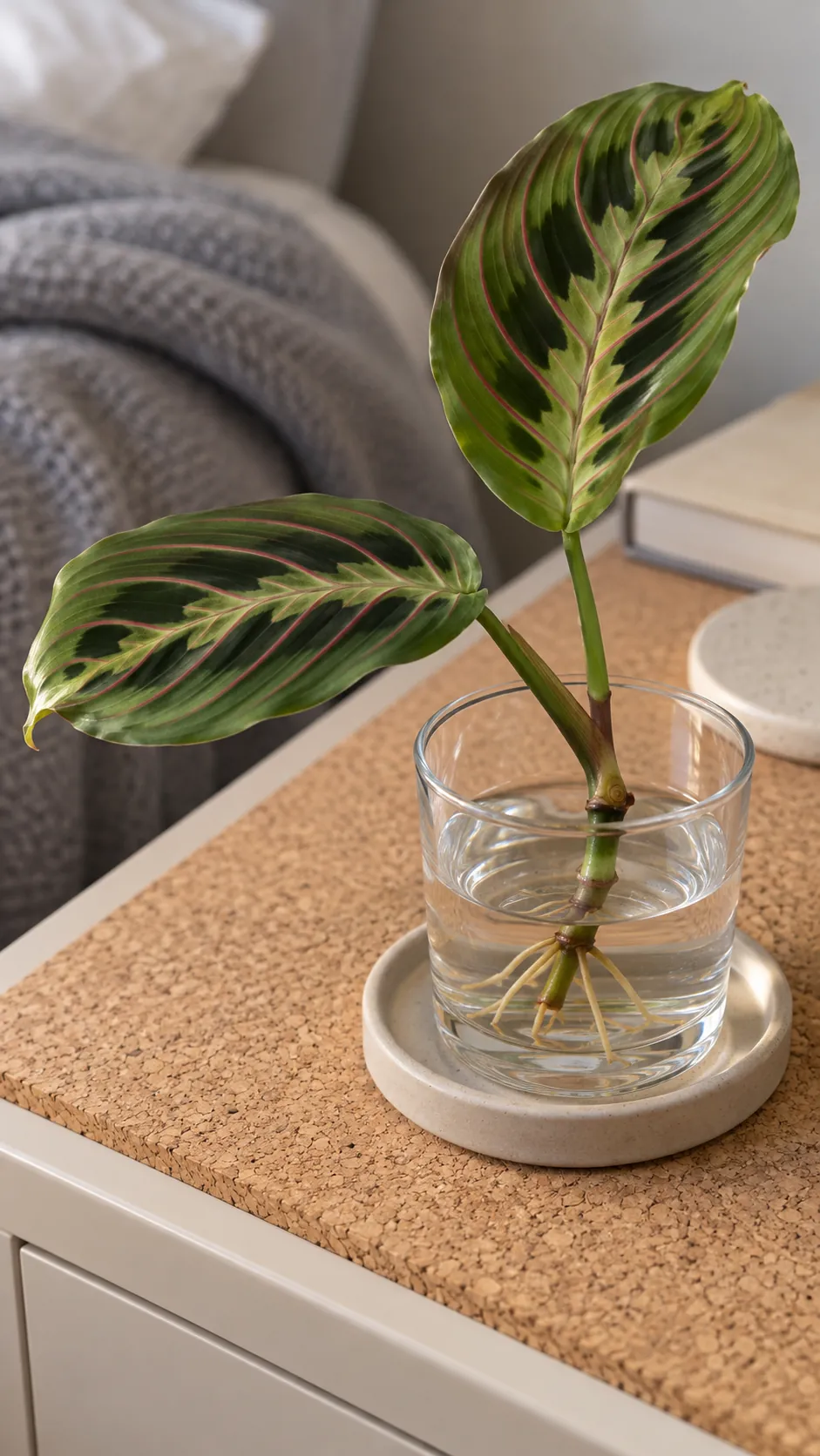 A maranta node and patterned leaf in a small water cup