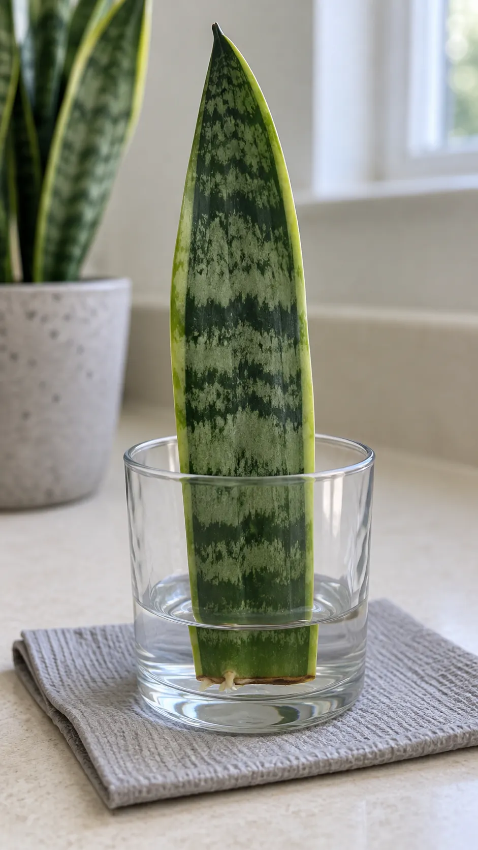 Snake plant leaf section in shallow water