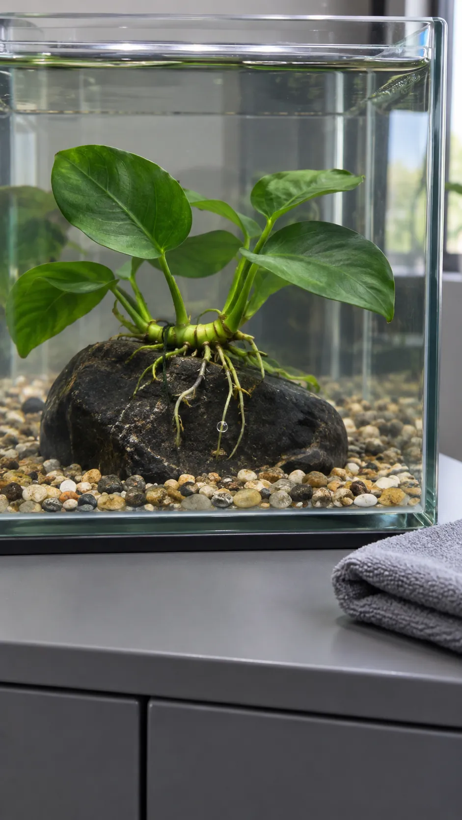 Anubias rhizome exposed on an aquarium rock