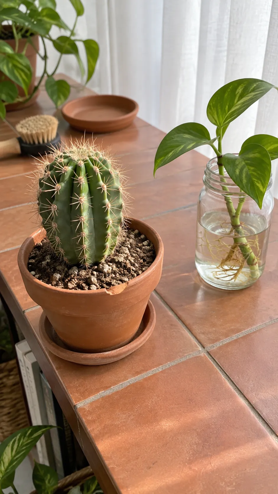 A dry potted cactus kept beside a separate water cutting