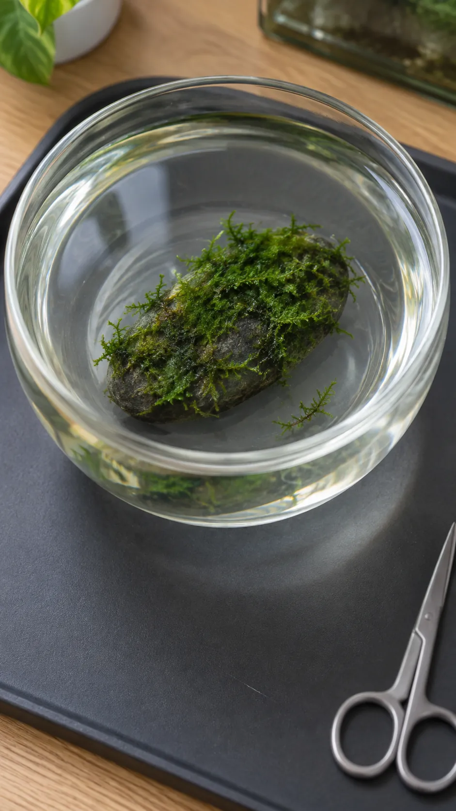 Java moss as a thin layer on a submerged stone