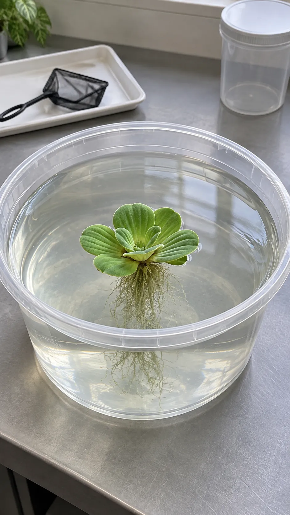 A contained floating plant with open water around it
