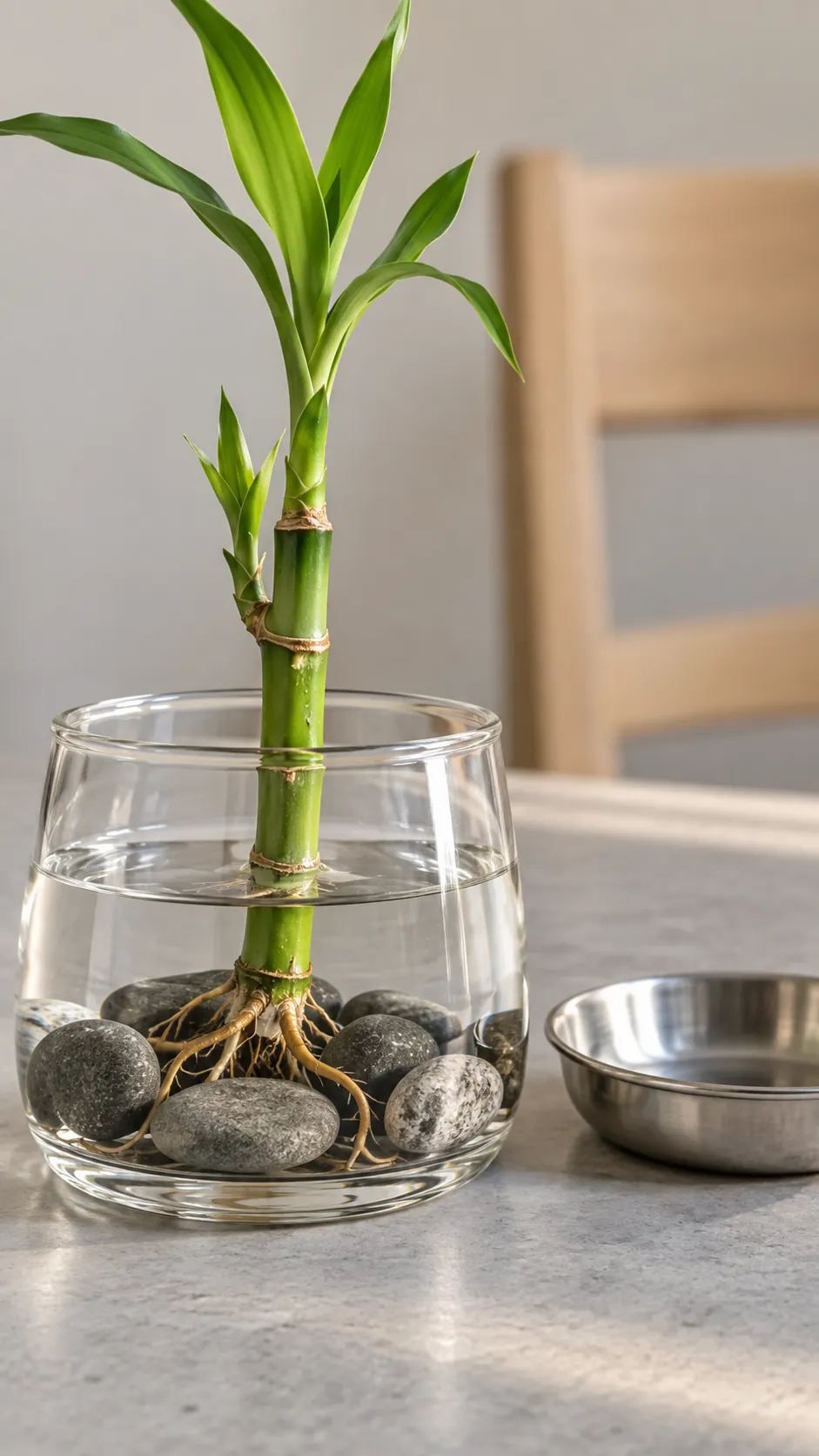 A small removable pebble support beneath lucky bamboo