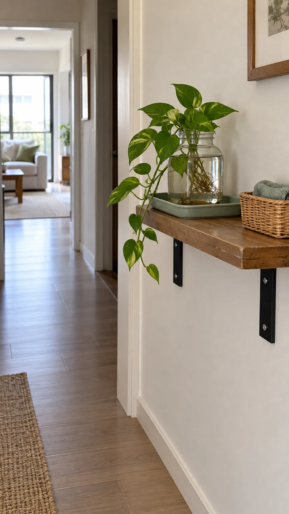 A reachable trailing plant on a protected shelf