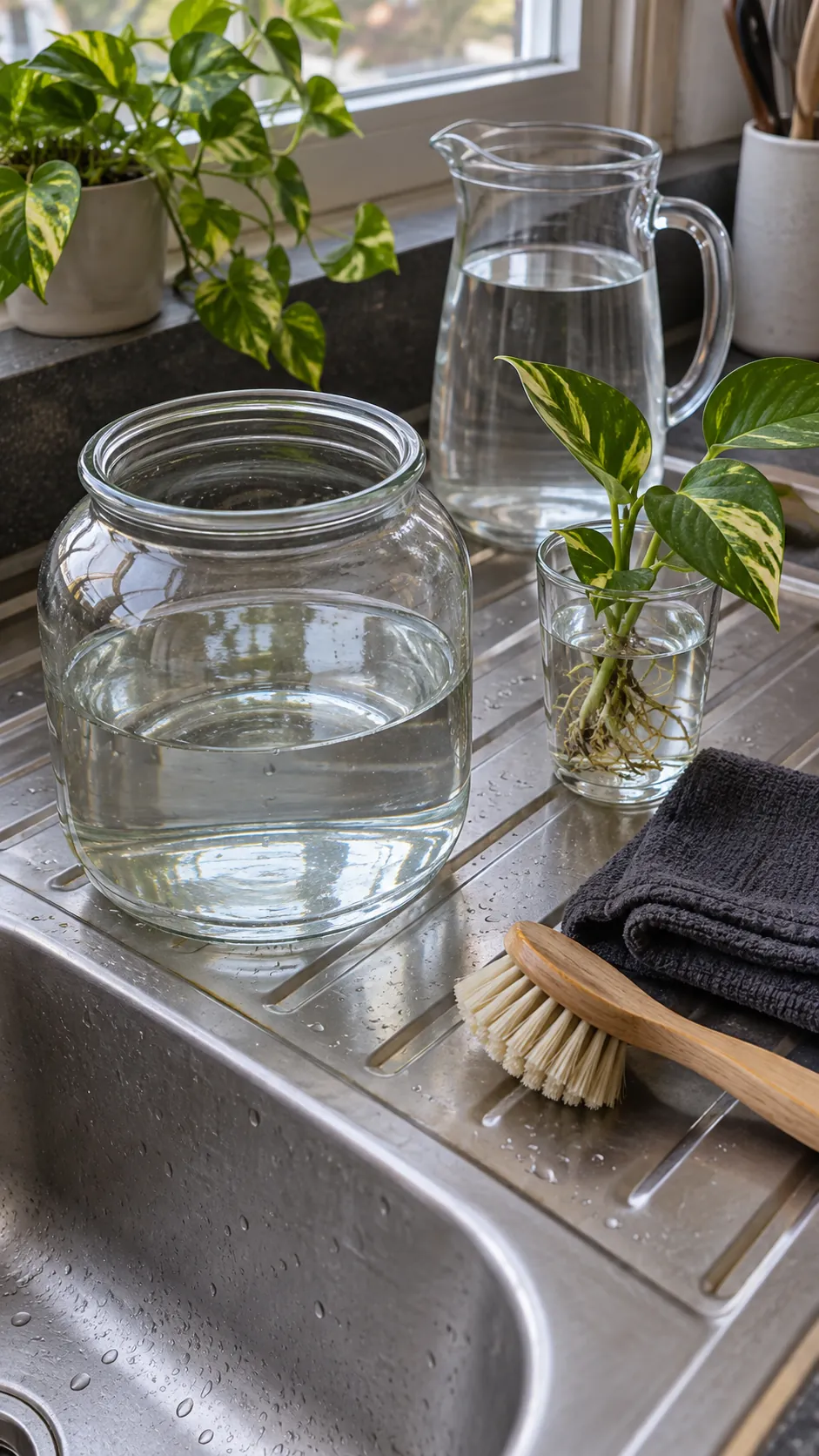 A water change setup with clean tools and an accessible jar