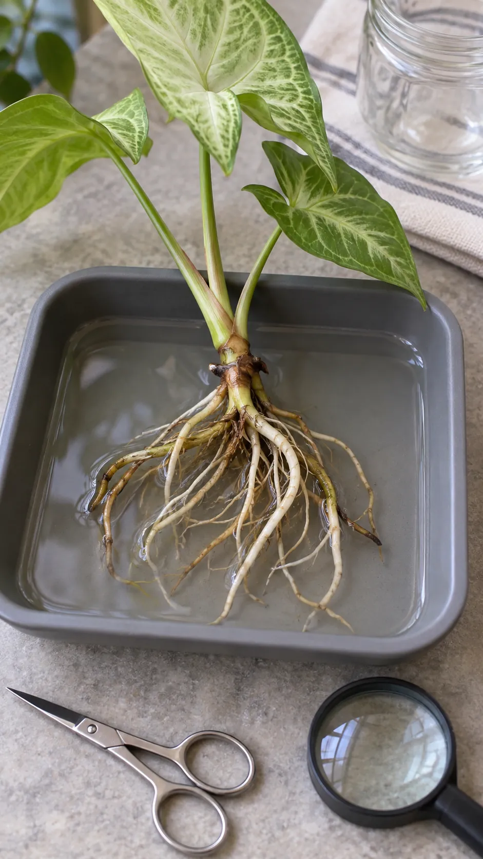 Inspecting a connected root system over a shallow tray