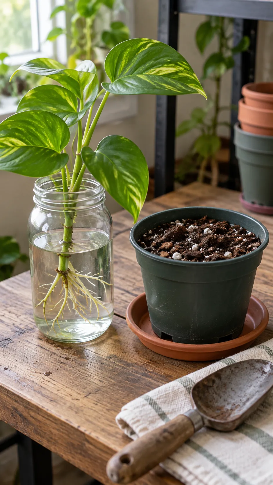 A rooted cutting beside its prepared next pot