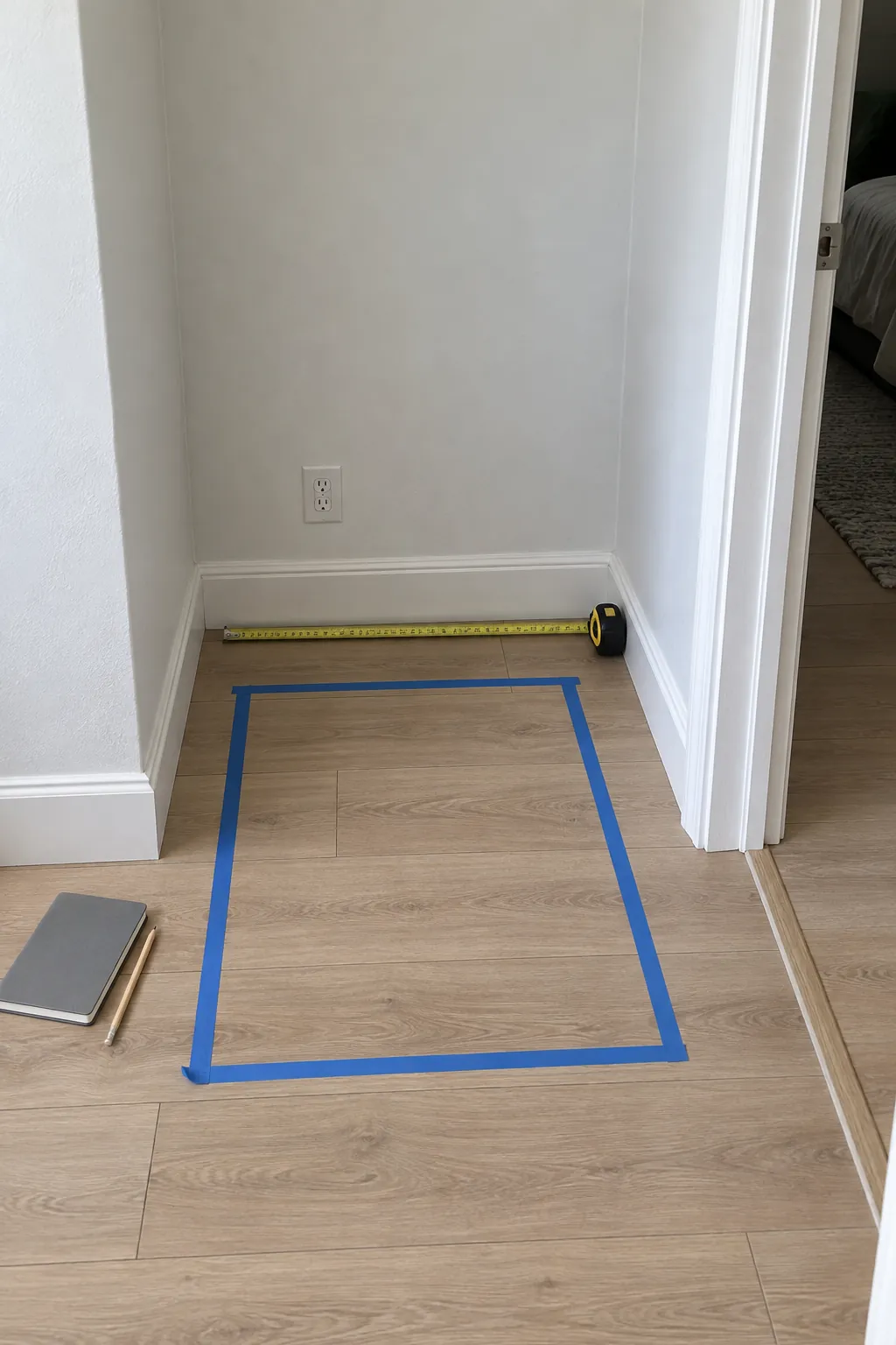 Tape outline measuring furniture clearance in a small alcove