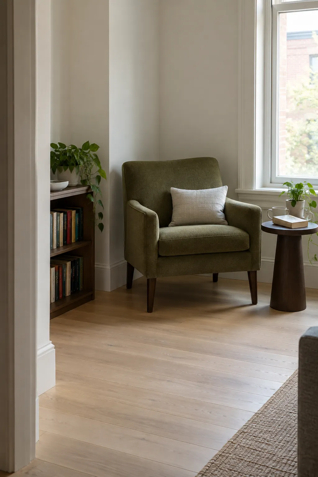 Compact olive reading chair and useful storage in a bright apartment nook