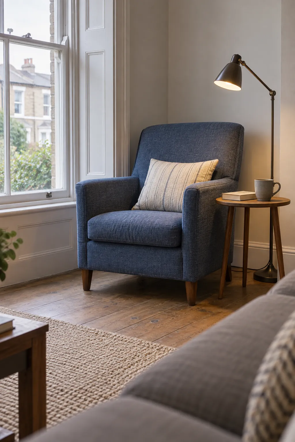 Blue reading chair beside a window with a reachable lamp and table