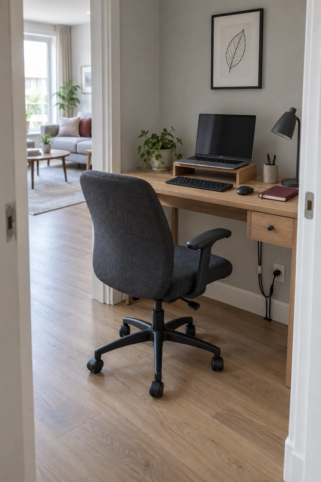 Compact desk nook with clear knee space and organized cables