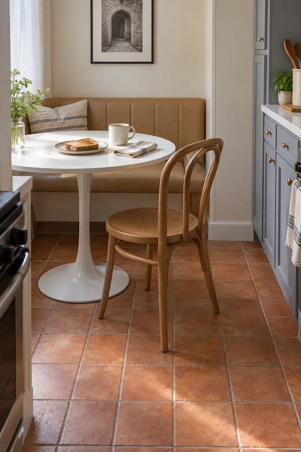 Small pedestal breakfast table beside kitchen banquette seating